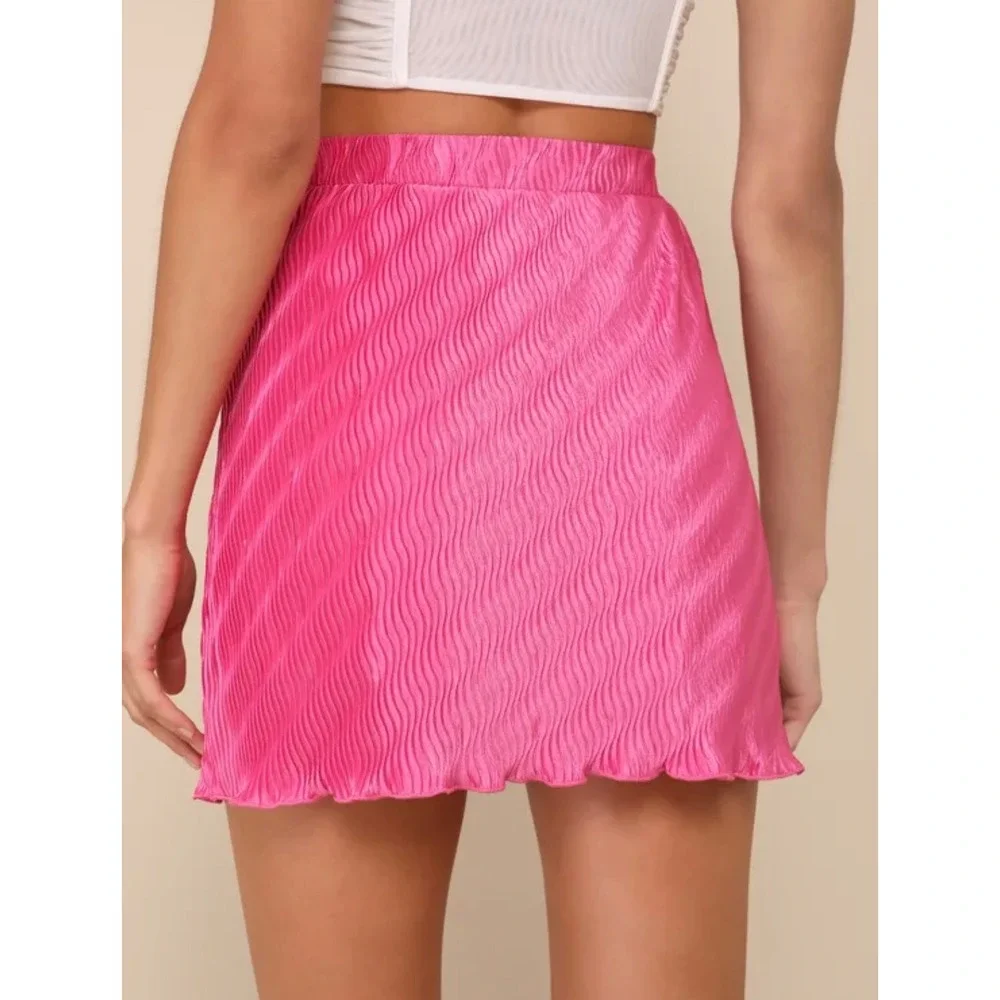 Lulus Cute Praise‎ Hot Pink Plisse Satin Faux-Wrap Mini Skort NWT Large Fuchsia